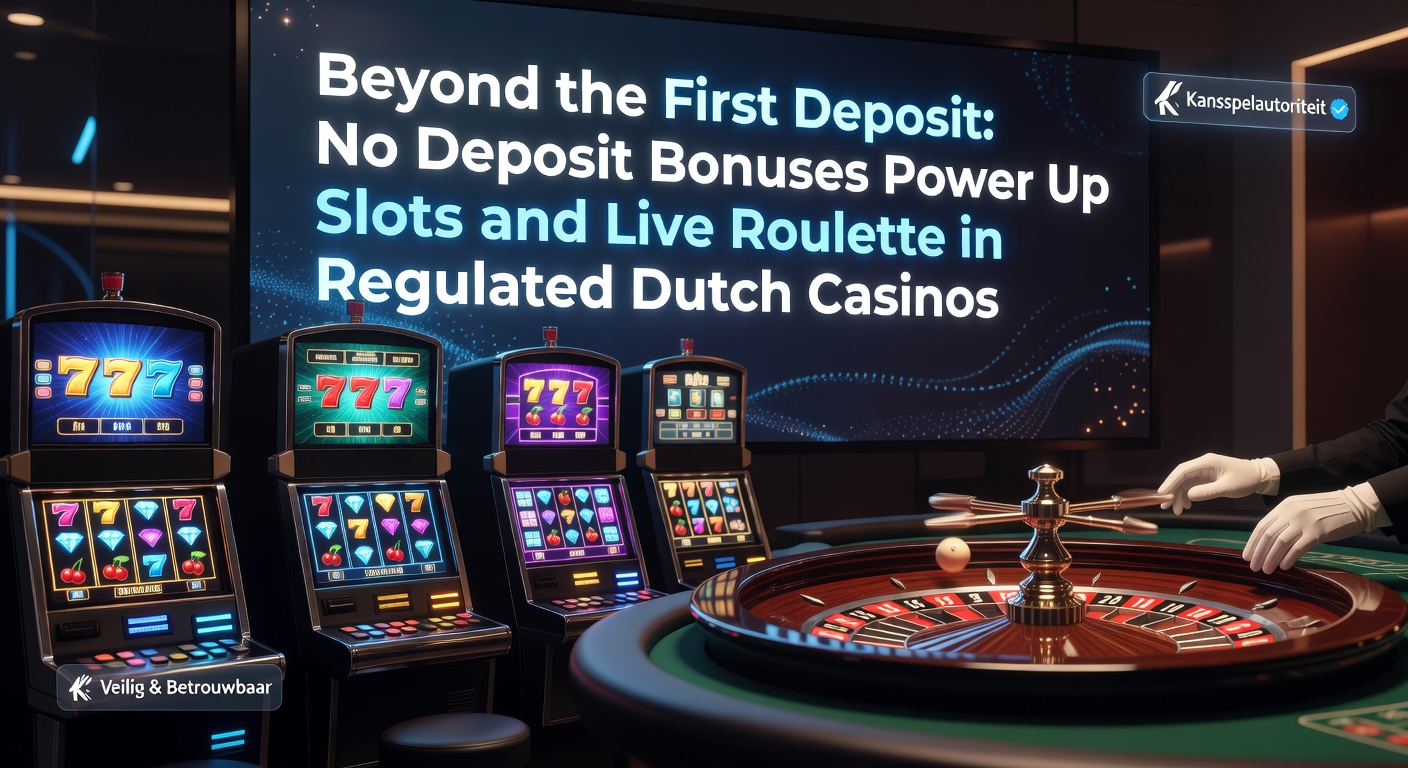 Schermafbeelding van een no-deposit bonus promotie voor slots en roulette in een Nederlands casino, met draaiende wielen en bonustekens