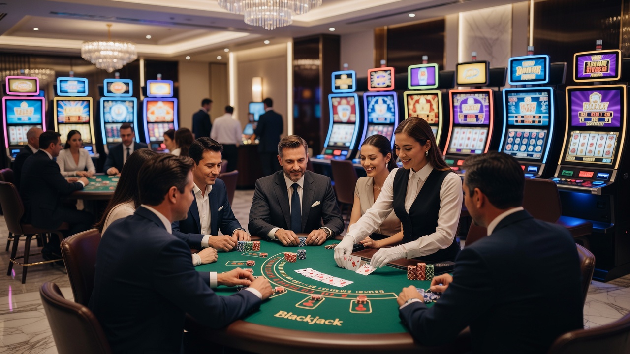 Overzicht van diverse casinospellen inclusief slots en tafelspellen in een moderne casino-omgeving