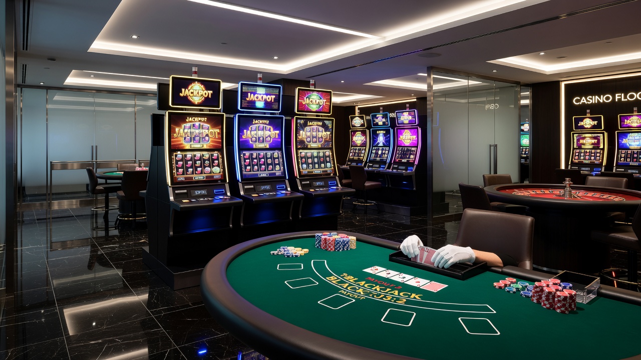 Close-up van een roulettewiel en blackjacktafel met chips en kaarten in een casino setting