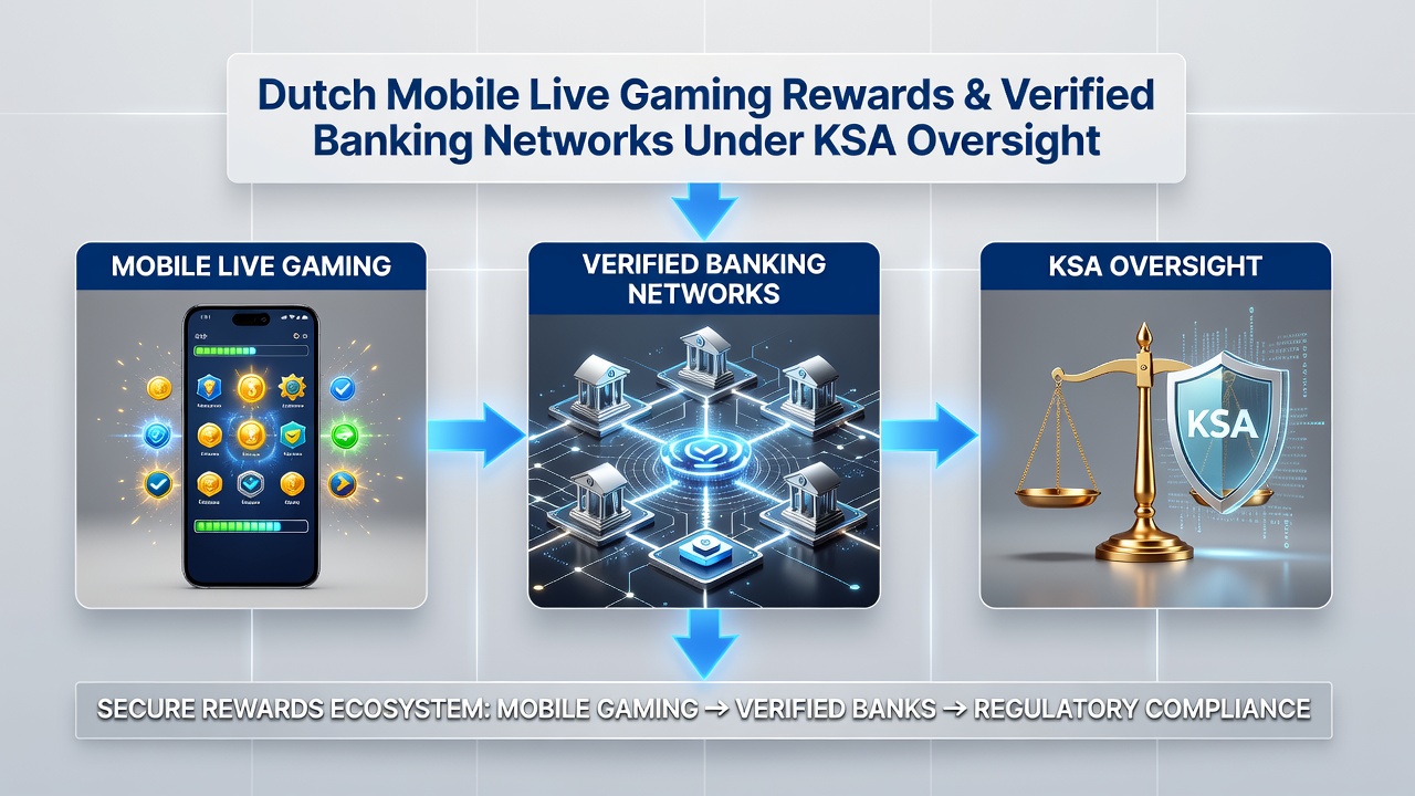 Diagram van verbonden mobiele live gaming systemen met bankverificatie onder KSA toezicht