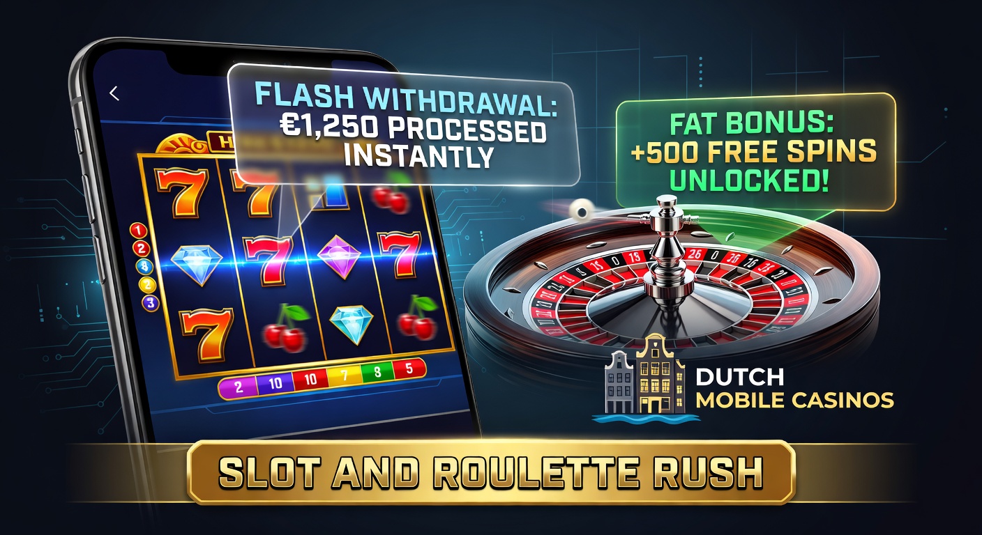 Dynamische weergave van roulettewiel en slotrollen op een mobiel scherm met bonuspop-up en uitbetalingsknop, illustrerend de rush in Nederlandse casinos