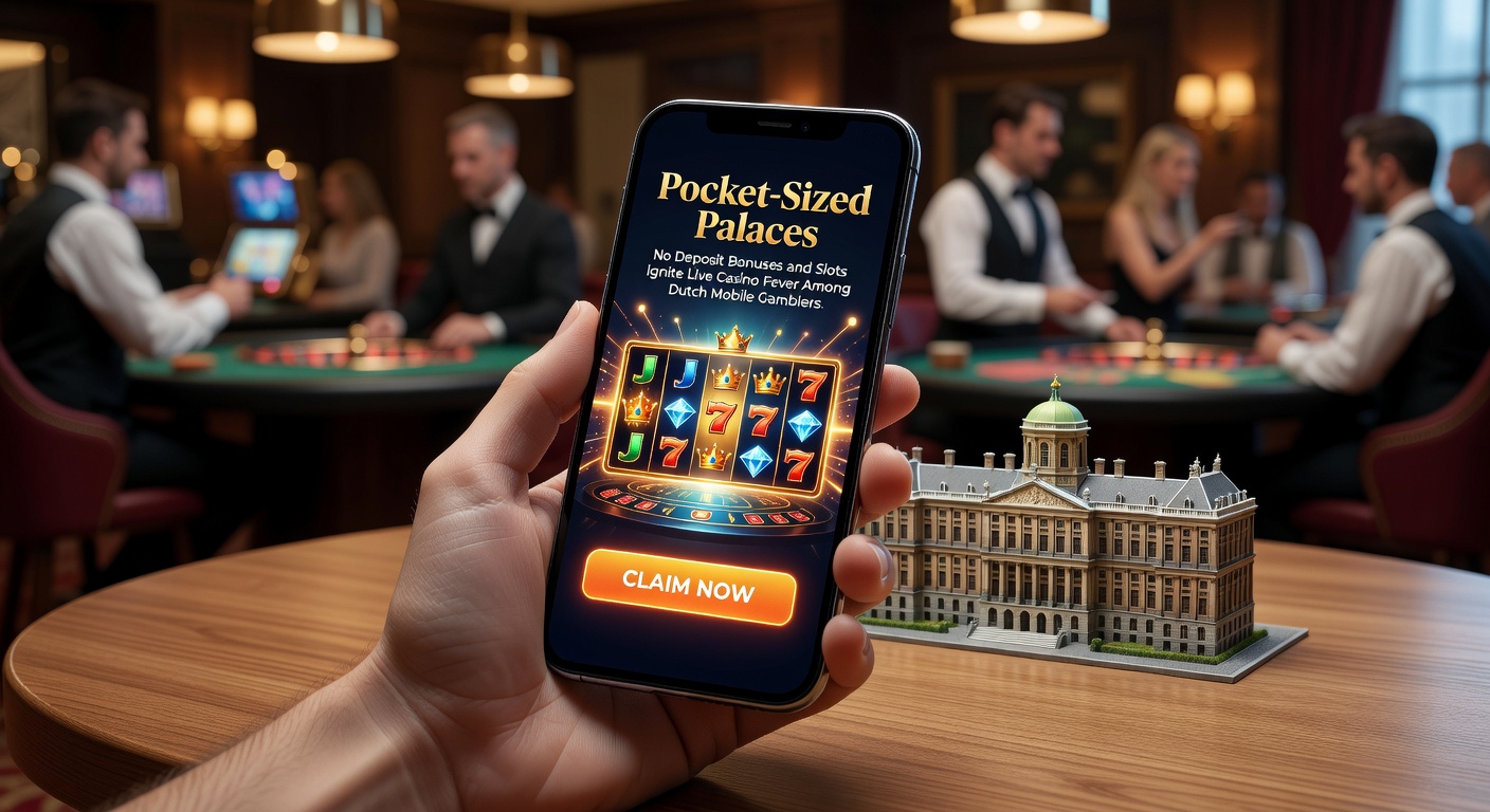 Close-up van een hand met smartphone waarop een live casino tafel met dealer en draaiende slotwielen te zien zijn, met no-deposit bonus icoontjes, illustrerend de mobiele live casino ervaring in Nederland