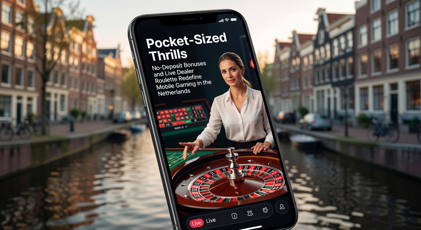 Mobiele telefoon met live roulette tafel en no-deposit bonus popup op een Nederlands casino app, symboliserend zakformaat gokplezier