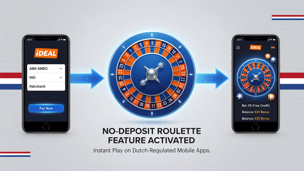 Schermafbeelding van een mobiele app die iDEAL verbindt met no-deposit roulette functies op een Nederlandse gereguleerde site