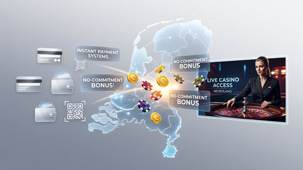 Illustratie van instant betalingssystemen en no-commitment bonussen in Nederlandse live casino's met mobiele interfaces en live dealer tafels